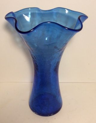 Mcm Blenko Handcraft Cobalt Blue Vtg Large Crackle Glass Vase Made In Usa 12”x7”
