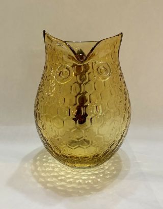 Vintage Hand Blown Blenko Amber Glass Owl Pitcher Vase Honeycomb Geometric 8.  5 "