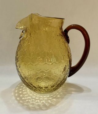 Vintage Hand Blown Blenko Amber Glass Owl Pitcher Vase Honeycomb Geometric 8.  5 