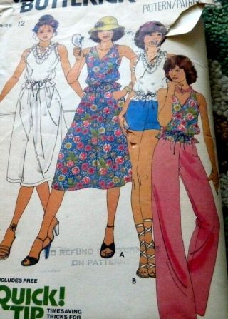 Lovely Vtg 1970s Top Skirt Pants Shorts Butterick Sewing Pattern 12/34