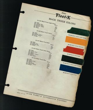 Vintage 1940 Mack Truck Color Chip Paint Sample Brochure / Chart : Acme