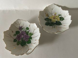 Vintage Nasco Japan 2 Hand Painted Porcelain Leaf Small Dish Trinket Purple 4 "