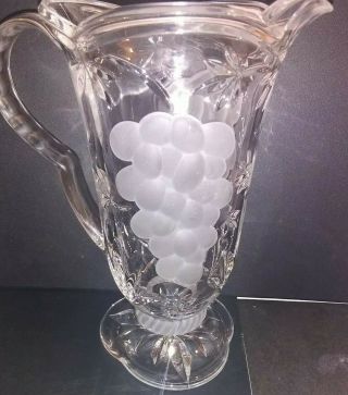 Lead Crystal Tall Pitcher Cut And Etched Large Grape Clusters On Two Sides