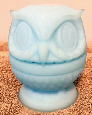 Fenton Blue Satin Glass Owl Fairy Lamp.