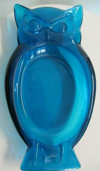 Vintage Owl Ashtray Clear Cobalt Blue Viking Glass Mid Century Modern