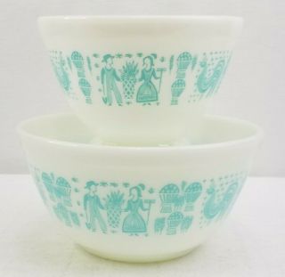 Vintage Pyrex Amish Butterprint Turquoise On White Mixing Bowls 401 402