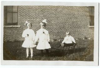 102320 Vintage Rppc Real Photo Postcarad Little Girls In White With Wagon