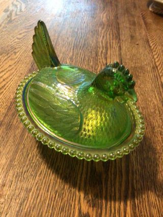 Vintage Iridescent Green Carnival Hen On Nest Covered Compote,  Indiana Glass.