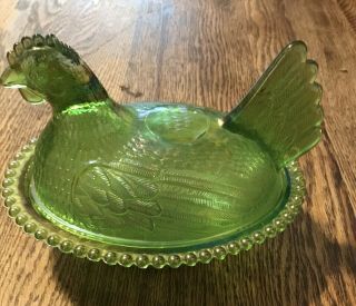 Vintage Iridescent Green Carnival Hen On Nest Covered Compote,  Indiana Glass. 2