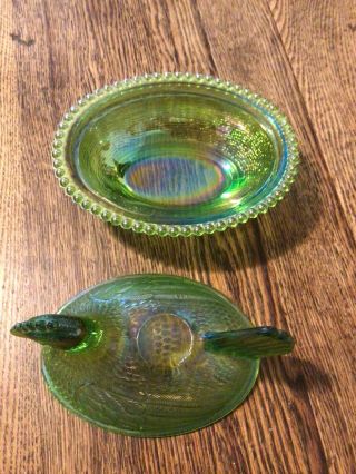 Vintage Iridescent Green Carnival Hen On Nest Covered Compote,  Indiana Glass. 3