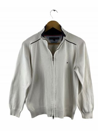 Vintage Tommy Hilfiger Full Zip Jacket Mens Size S White Knit Collared Logo