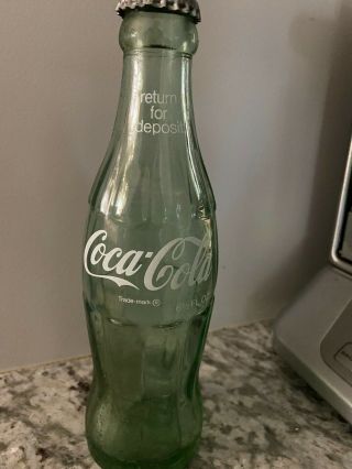Vintage Rare Green Glass Coca Cola Bottle 6 1/2 Oz Juneau W/cap Stamped Mass.