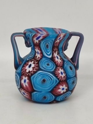 Small Fratelli Toso Murrine Cane Millifiori Italian Art Glass Handled Vase 6.  5cm