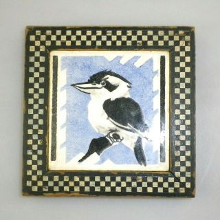 Vintage Australian Hand Painted Ceramic Tile In Checkered Frame - Kookaburra