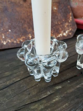 Vintage 60s Reims France Pair Clear Glass Candle Holder Flower Shaped Bubble