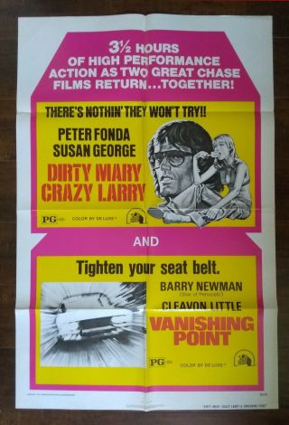 Dirty Mary Crazy Larry Vanishing Point Combo 1 Sheet Poster 1975 Folded Exc Cond