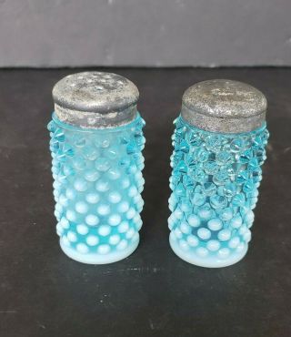 Fenton Blue Hobnail Opalescent Salt Pepper Shaker Vintage