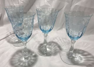 Set Of 4 Fostoria Blue Etched Crystal Wine Goblet