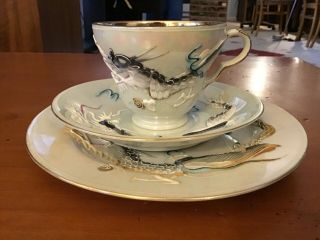 Vintage Japanese 1970s Pearl Lustre Dragon Tea Cup,  Saucer & Plate.  Blue / White