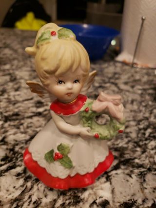 Christmas Holiday Vintage Porcelain Blond Girl Angels Figurine Holding Wreath