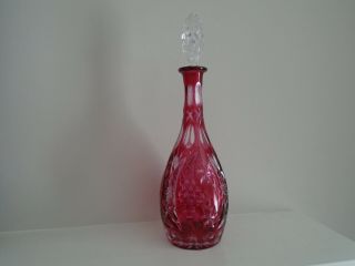 Vintage West German Beyer Cut To Clear Crystal Decanter Carafe,  Cranberry Red