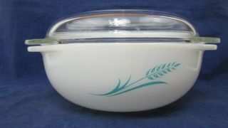 White Pyrex Bowl With Blue Wheat Design Promotional 023 1.  5 Quart Vintage