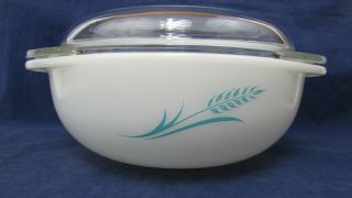White Pyrex Bowl With Blue Wheat Design Promotional 023 1.  5 Quart Vintage 2