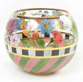 Nwt Mackenzie - Childs Flower Market Glass Globe Vase Courtly Check Hand Painted