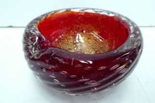 Vintage Murano Art Glass Red Cased Gold Flake Bubbles Ashtray Bowl Mid Century