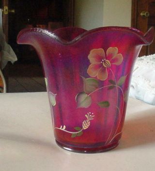 Fenton Glass 100th Anniversary Founders Ruby Hand Painted Vase - Stretch Glass