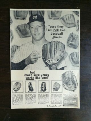 Vintage 1962 Rawlings Baseball Glove Mickey Mantle York Yankees Ad