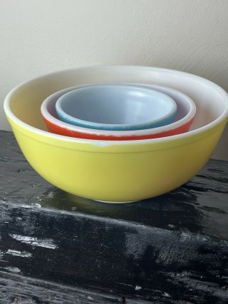 3 Vintage 1940s Pyrex Mixing Bowls,  Primary Colors Yellow,  Red & Blue