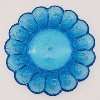 Vintage Indiana Glass Blue Hobnail Deviled Egg Plate Tray Dish Platter