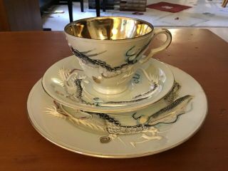Vintage 1970s Japanese Pearl Lustre Dragon Tea Cup,  Saucer & Plate.  Blue / White