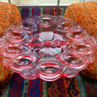 Moon & Star Pattern Pink Glass Holds 13 Inch Deviled Egg Plate