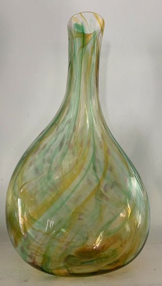 Vtg Blenko Art Glass Vase Hand Blown Green Yellow Swirl W/ Gold Flecks Signed