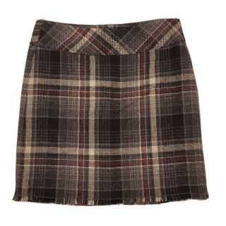 Vintage Eddie Bauer Wool Blend Plaid Skirt Fringe Size 4 Gray Red Tan 90s Y2k