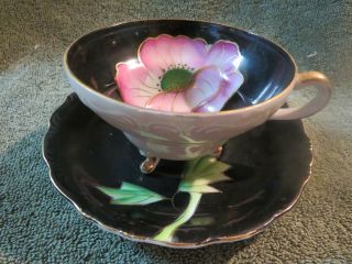 Vintage Footed Teacup And Saucer Black With Large Pink Flower
