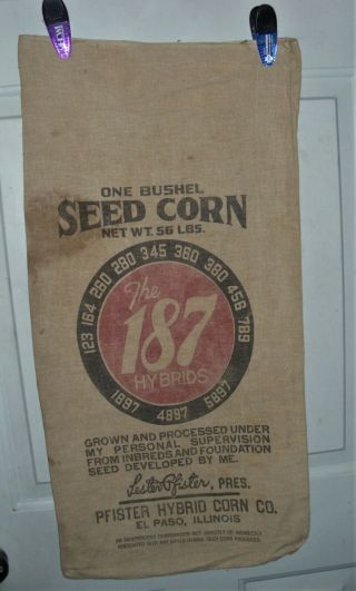 Vintage Cloth Pfister 187 Hybrid Seed Corn Sack Pfister Corn Co El Paso Il