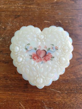 Fenton Art Glass Heart Shaped Hand Painted Rose Trinket Box Signed D Anderson