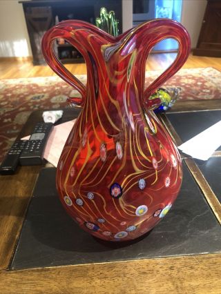 Vintage Hand Blown Murano Tall Red & Yellow Millefiori Glass Vase 12”tall
