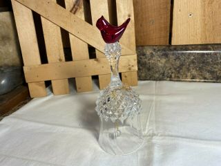 Vintage Clear Glass Bell with Red Glass Bird on Top 3