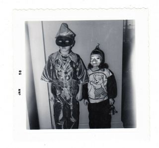 Vintage Halloween Photo Boy And Girl In Costume 1957 Snapshot