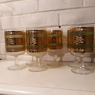 6 Culver Starlyte Mid - Century Mcm Green Gold Stripe Goblet Encrusted Glasses