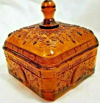 Vtg Indiana Tiara Honey Bee Amber Glass Lidded Candy Dish Perfect Rare Footed E4