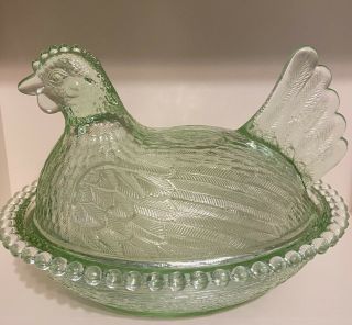Vintage Indiana Glass Co.  Green Glass Chicken Hen On Nest Stippled Base