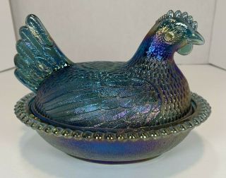 Vintage Blue/green Iridescent Carnival Glass Hen On A Nest Chicken Candy Dish 7 "