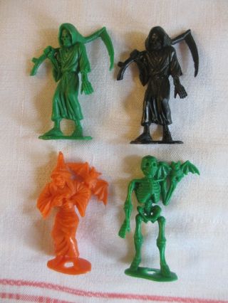Vintage Halloween Plastic Figures 2 Grim Reapers,  1 Skeleton And 1 Witch & Bat