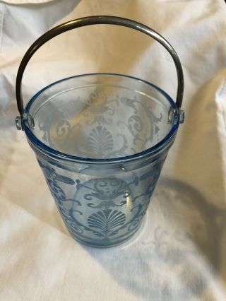 6 " Tall - Vintage Fostoria " Versailles Blue " Ice Bucket W/chrome Handle - Minty