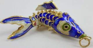 Vintage Chinese Enamel Koi Fish Blue Lrge Articulated Cloisonné Pendants 66x21mm